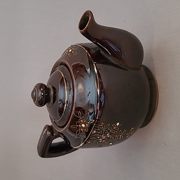 Small Vintage Brown Hand-Painted Floral Red Ware Teapot Japan 003 - Picture 3 of 9